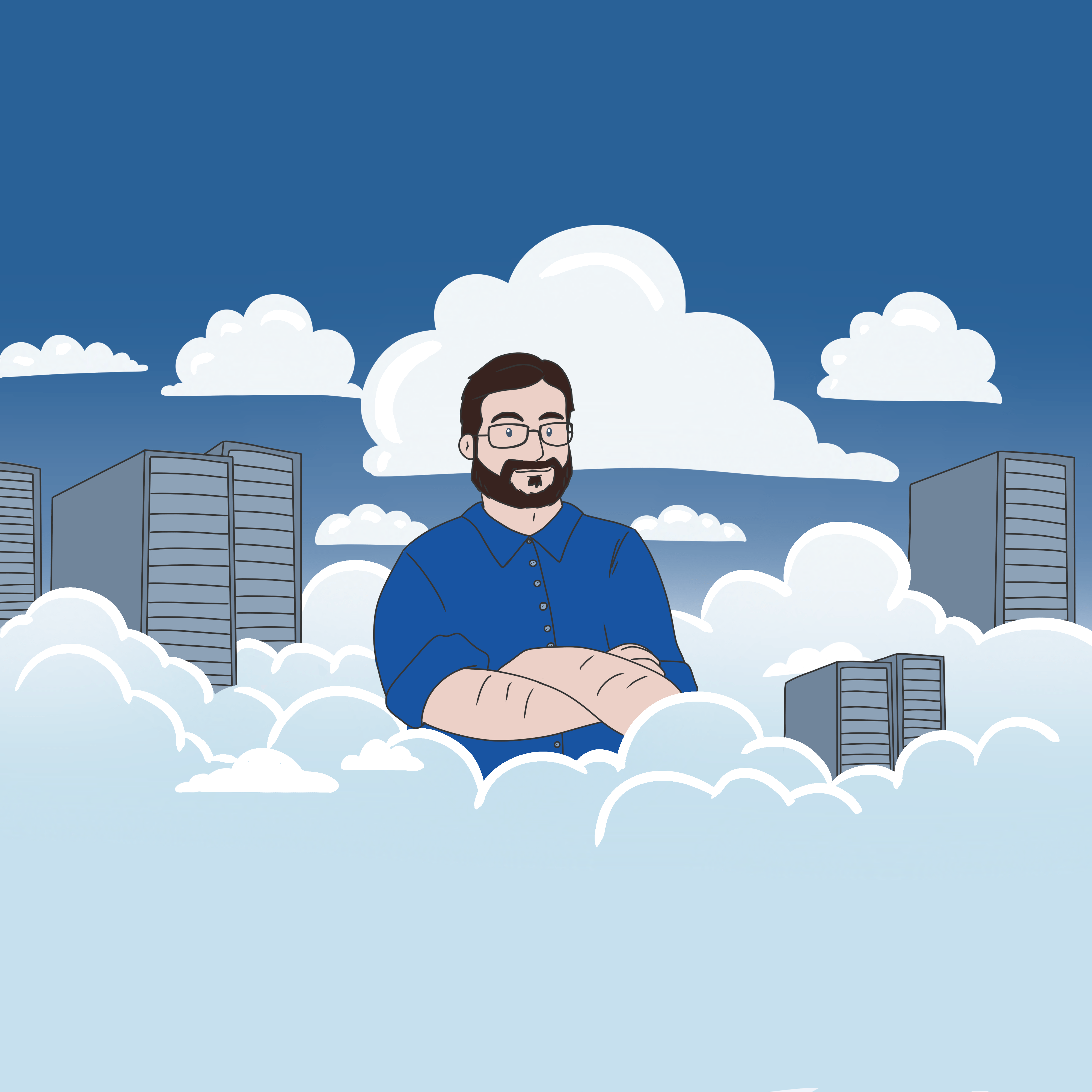 Dessin représentant l'auteur du site, Arnaud Ferriere, dans et au dessus de nuages, entouré de serveurs informatique